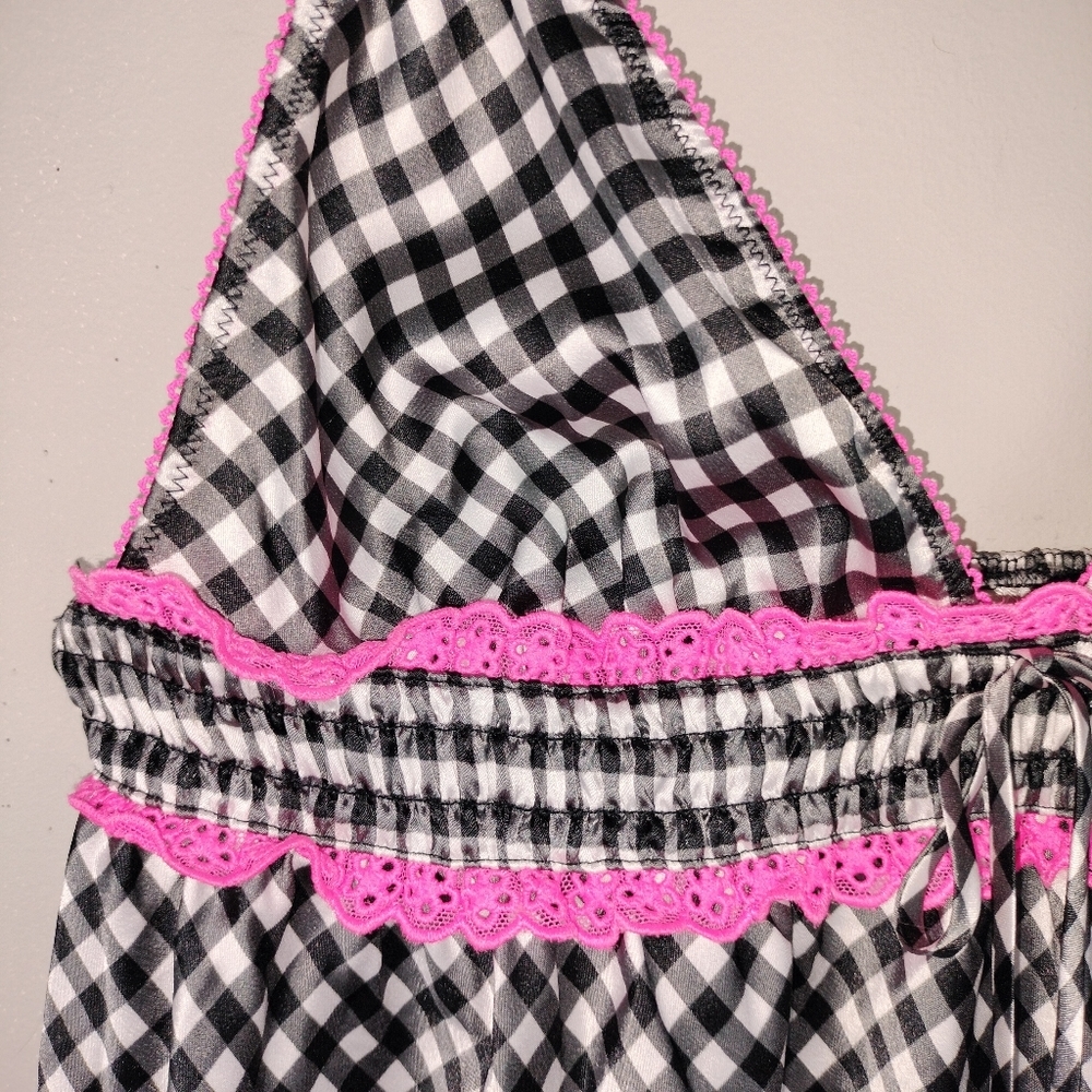 NWT Victoria's Secret Black & White Gingham w/ Pink Trim Babydoll Negligee Sz. M - Picture 5 of 12